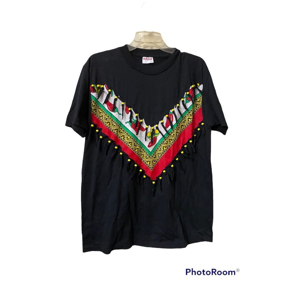 Sunbelt Vintage Hot Peppers Fiesta Top‎ With beaded Fringe  USA Made sz L Top